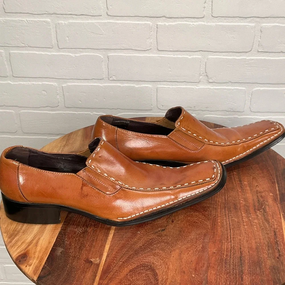 Fiesso by Aurelio Garcia Brown‎ Leather Square Toe Slip On Loafers Italy Retro